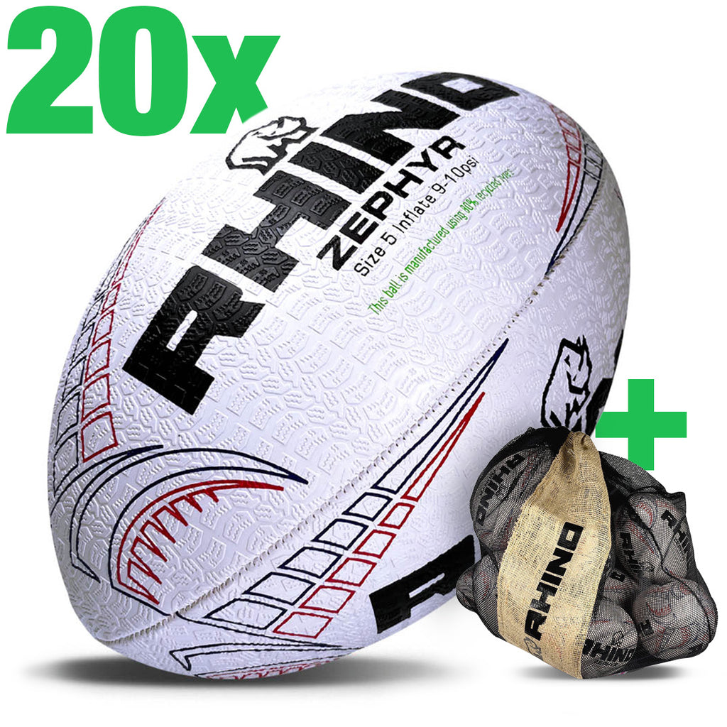 20pc Rhino Zephyr Recycled Training Rugby Ball Bundle with Recycled Bag Size 5 